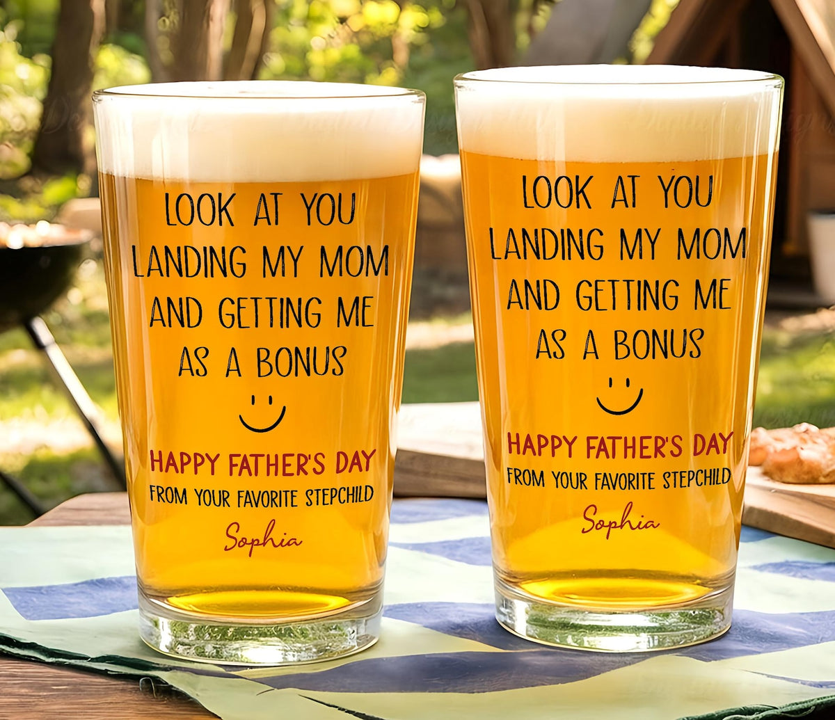 Personalized Funny Bonus Dad Beer Glass, Stepdad Pint Glass, Custom Name Father's Day Gift from Stepchild, Stepfather Humor Beer Mug for Him