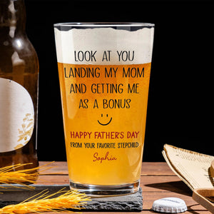 Personalized Funny Bonus Dad Beer Glass, Stepdad Pint Glass, Custom Name Father's Day Gift from Stepchild, Stepfather Humor Beer Mug for Him