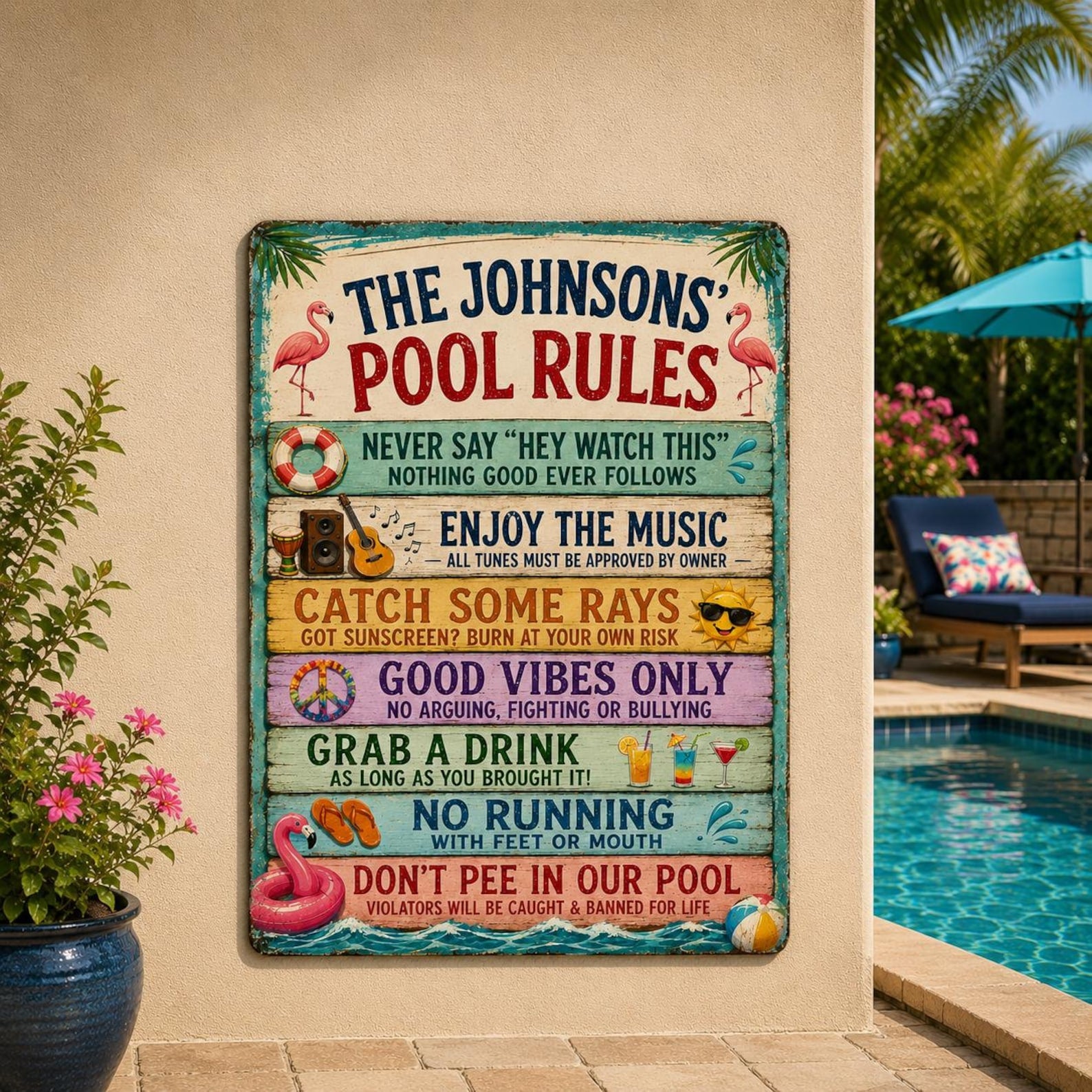 Personalized Funny Family Pool Rules Metal Sign, Funny Beach House Decor