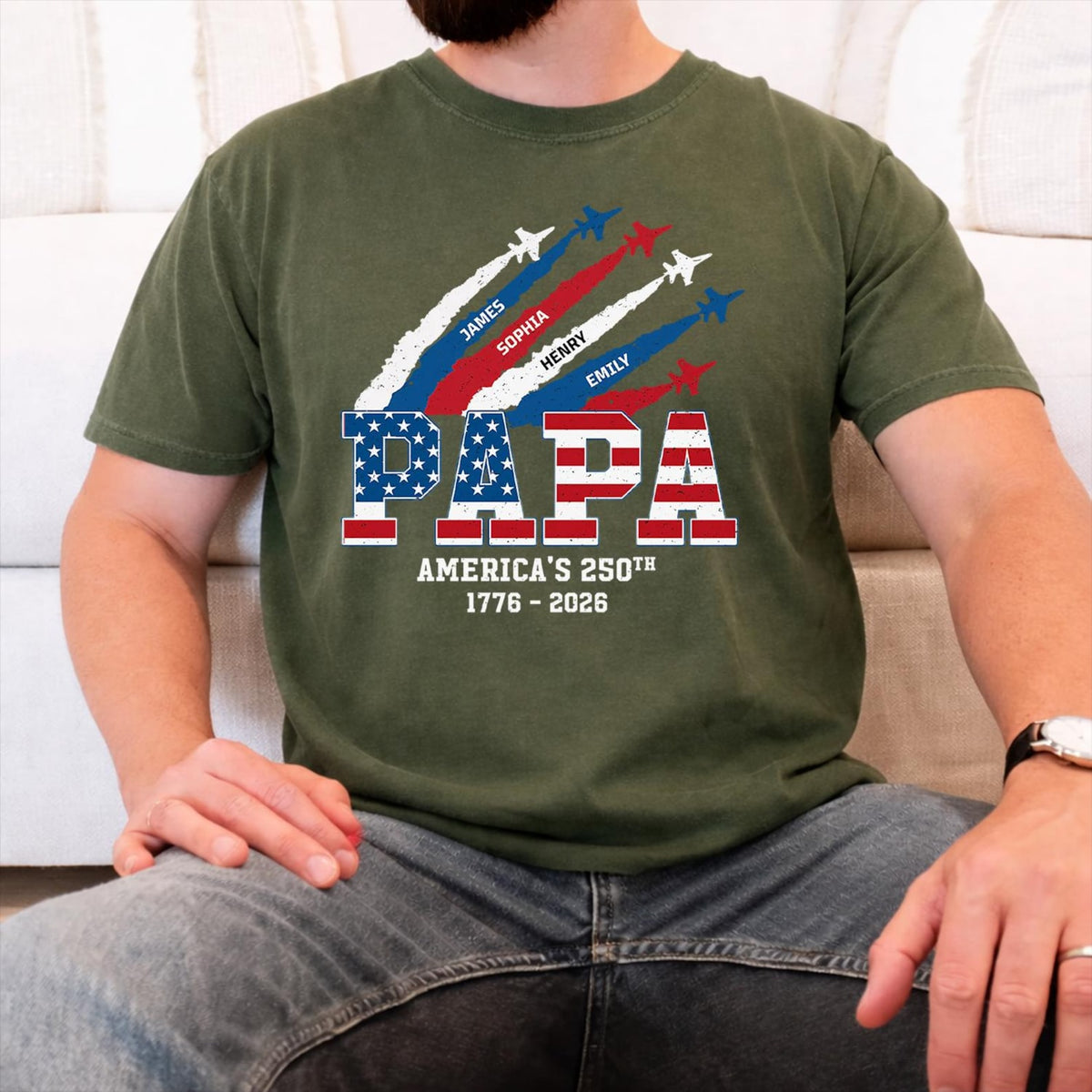 Personalized Proud Papa Grandpa Nation Flag American, 4th of July Papa Shirt, Cool Father's Day Gift For Papa, Grandpa Shirt with Kids Name