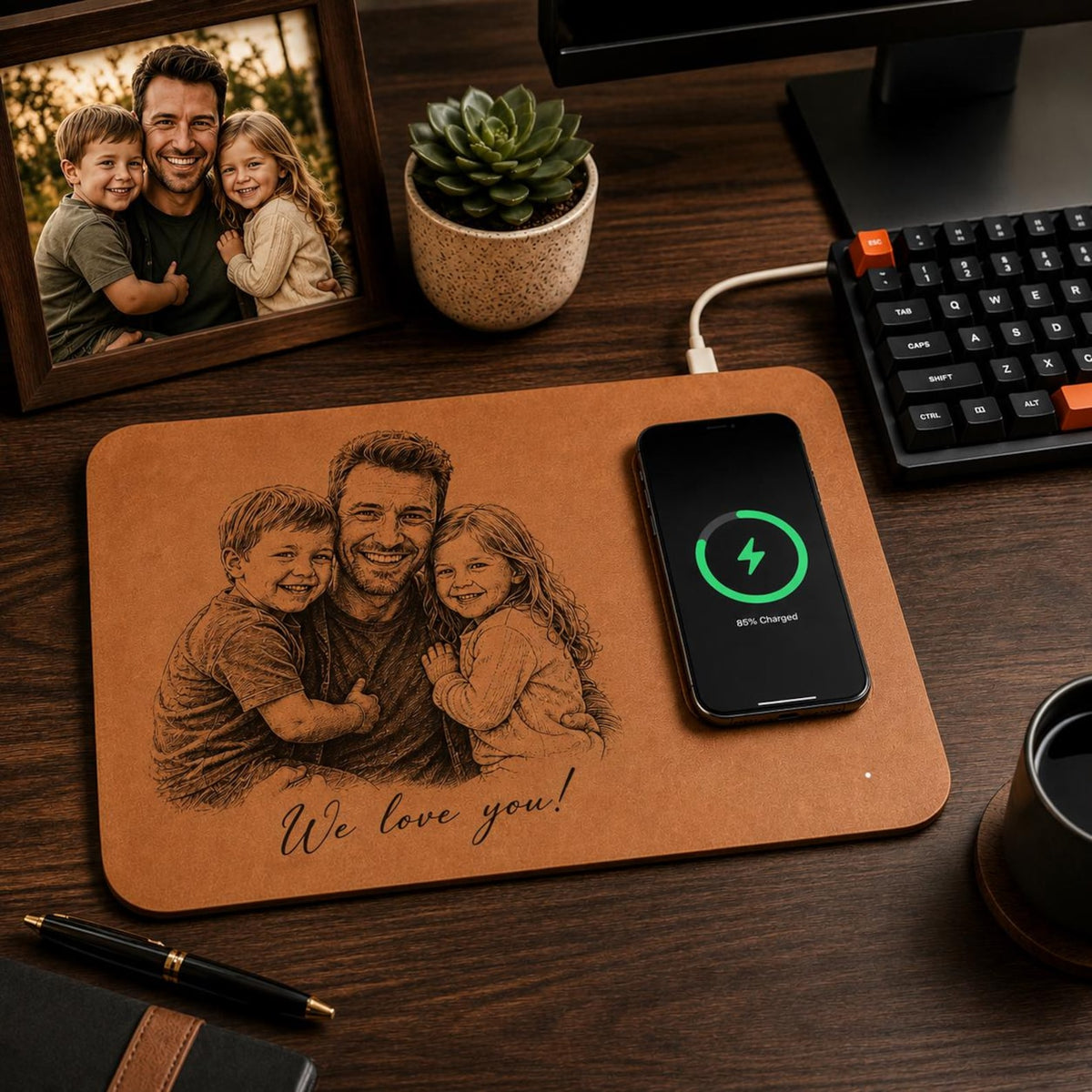 Personalized Fathers Day Gift Custom Photo Sketch Charging Pad, Custom Wireless Charger Pad For Husband Dad, Office Husband Desk Decor