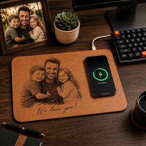 Personalized Fathers Day Gift Custom Photo Sketch Charging Pad, Custom Wireless Charger Pad For Husband Dad, Office Husband Desk Decor