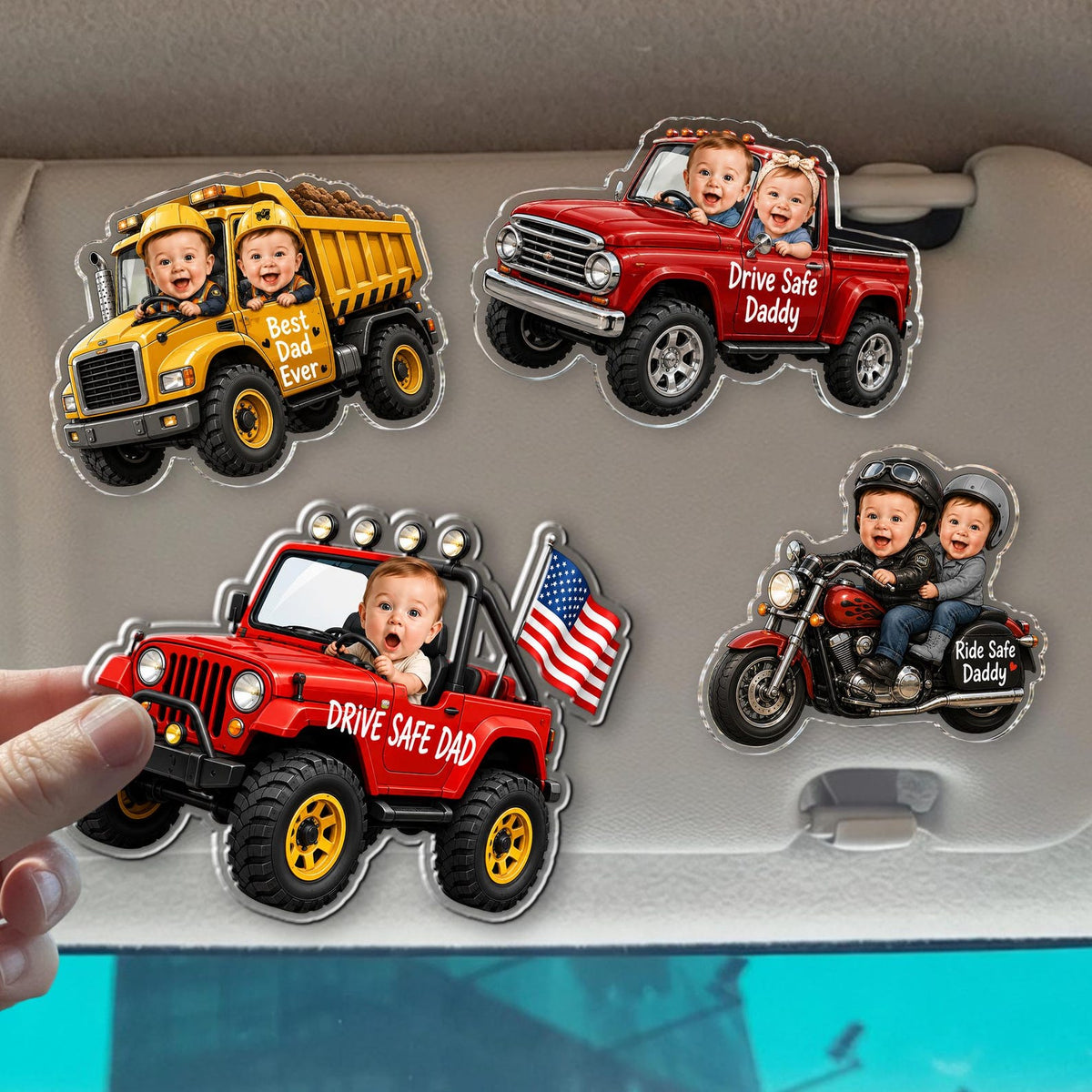 Custom Kids Photo Car Visor Clip: Fathers Day Gift for Dad, Drive Safe Daddy Visor Clip, Custom Baby Face Car Ornament, Papa Gifts