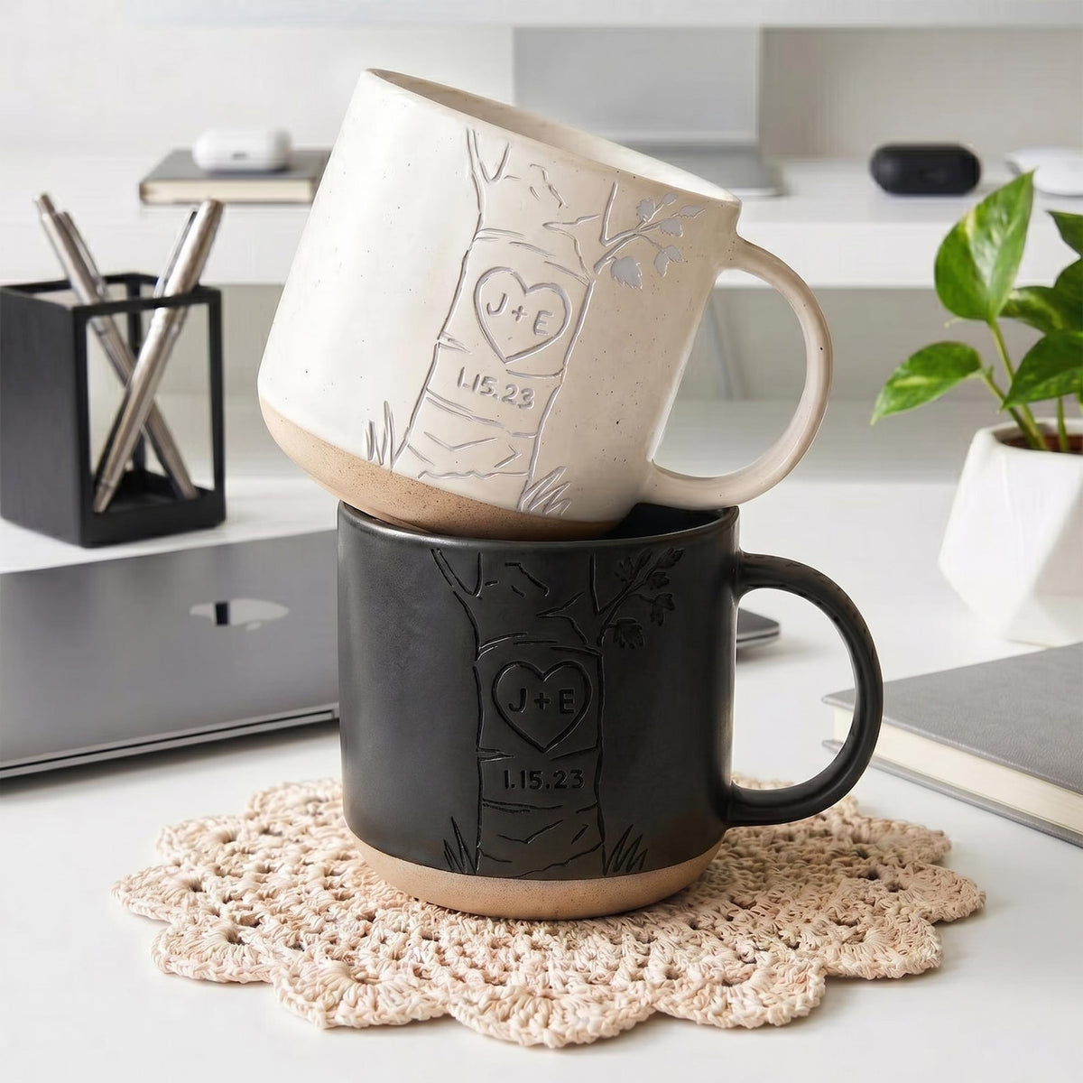 Personalized Engraved Couple Pottery Mug, Wedding Gift, Custom Carved Initials In A Heart Tree Couple Mug, Engagement Gifts, Newlywed Gift