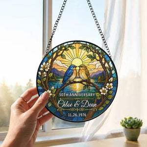 Personalized 50th Anniversary Stained Glass Suncatcher, Custom Wedding Anniversary Gift for Parents, Bluebird Couple Glass Art Window Decor