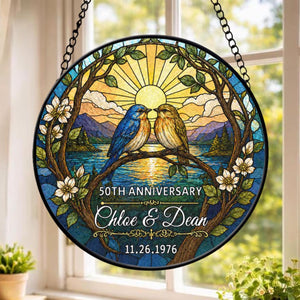 Personalized 50th Anniversary Stained Glass Suncatcher, Custom Wedding Anniversary Gift for Parents, Bluebird Couple Glass Art Window Decor