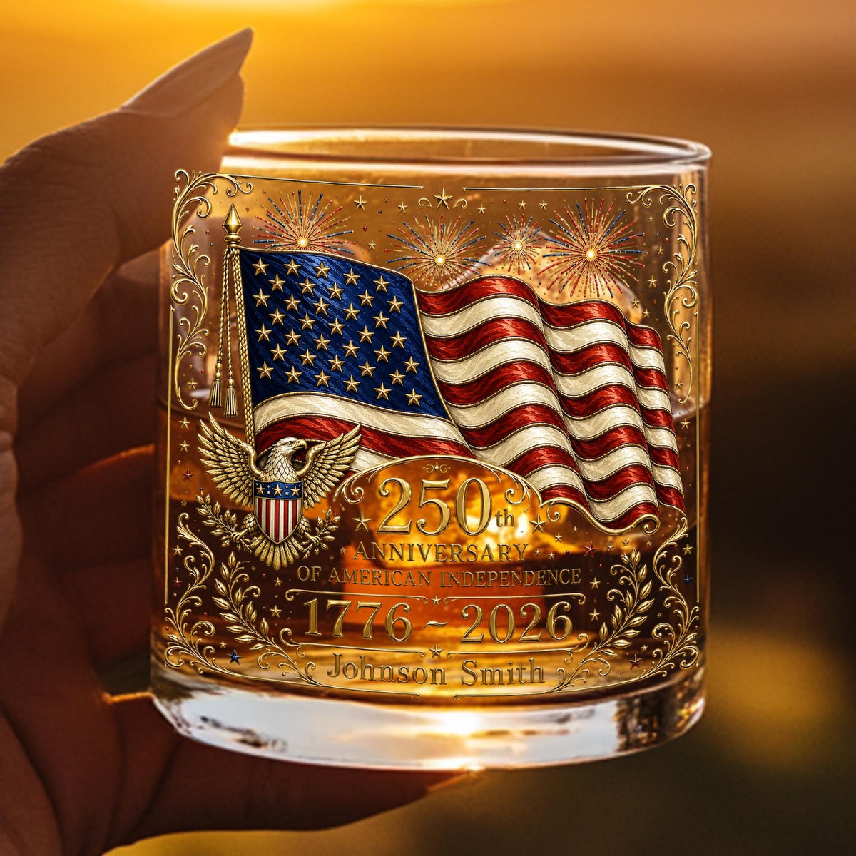 Personalized America 250 Whiskey Glass, USA 250th Anniversary Gift, Patriotic Bourbon Glass, Fourth of July Whiskey, Independence Day Glass