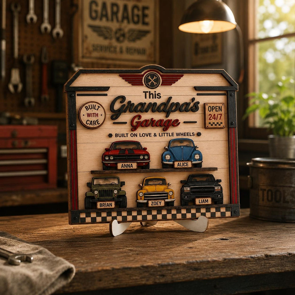Personalized Grandpa's Garage Wood Sign, Custom Kids Name Car Decor, Father's Day Gift for Grandpa, Garage Wall Art, Classic Car Lover Gift