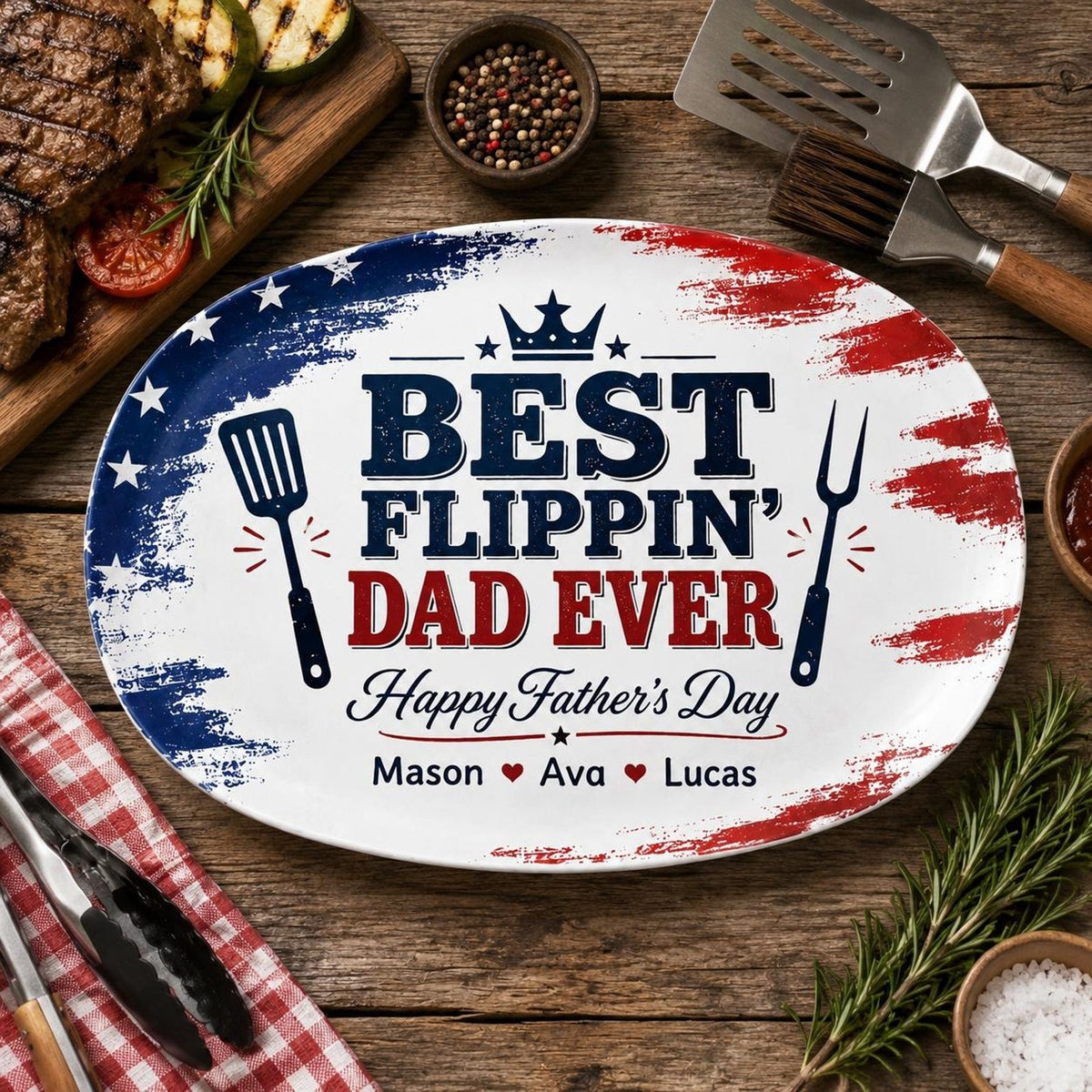 Personalized Best Flippin Dad Ever Grilling Plate, Custom American Flag BBQ Platter with Kids Names, Patriotic Father's Day Gift for Dad
