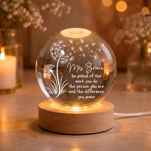 Personalized Teacher Appreciation Crystal Ball Lamp, Thank You Teacher Keepsake, Custom Teacher Gift, Dandelion Glass Sphere, Teacher Gifts