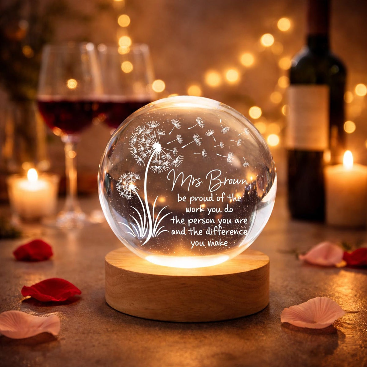 Personalized Teacher Appreciation Crystal Ball Lamp, Thank You Teacher Keepsake, Custom Teacher Gift, Dandelion Glass Sphere, Teacher Gifts