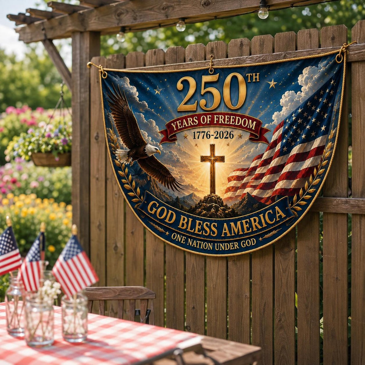 USA 250th Anniversary Patriotic Bunting Banner, America 1776 2026 Semicircle Fence Flag, Christian Freedom Porch Decor, Fourth of July Decor