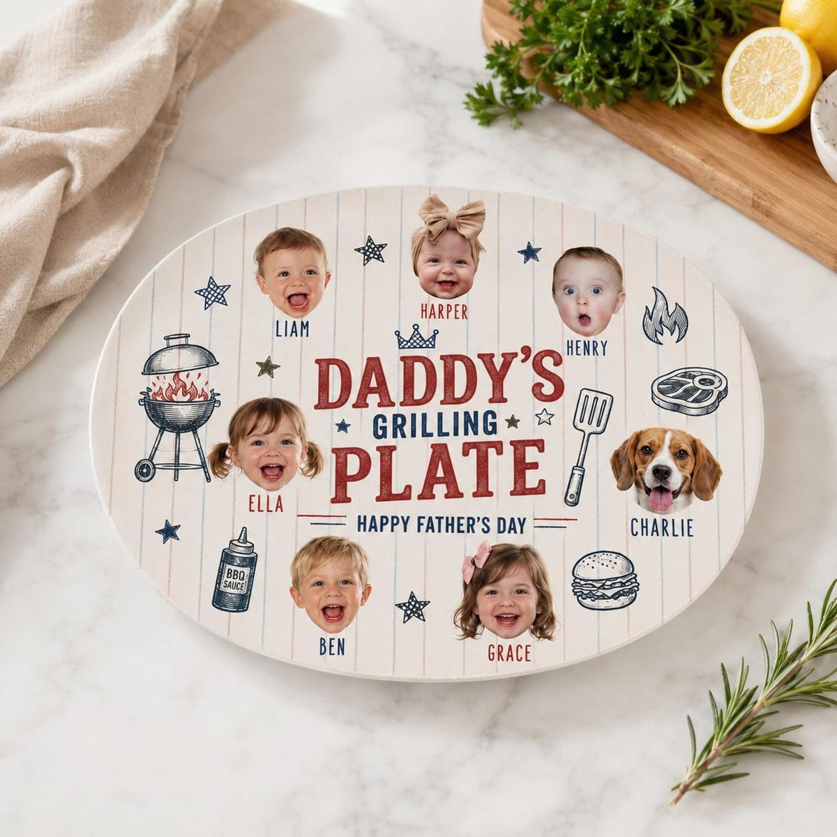 Personalized Daddys Grilling Plate with Photo, Custom BBQ Platter with Kids Faces, Father's Day Gift from Kids, Gift for Grilling Dad