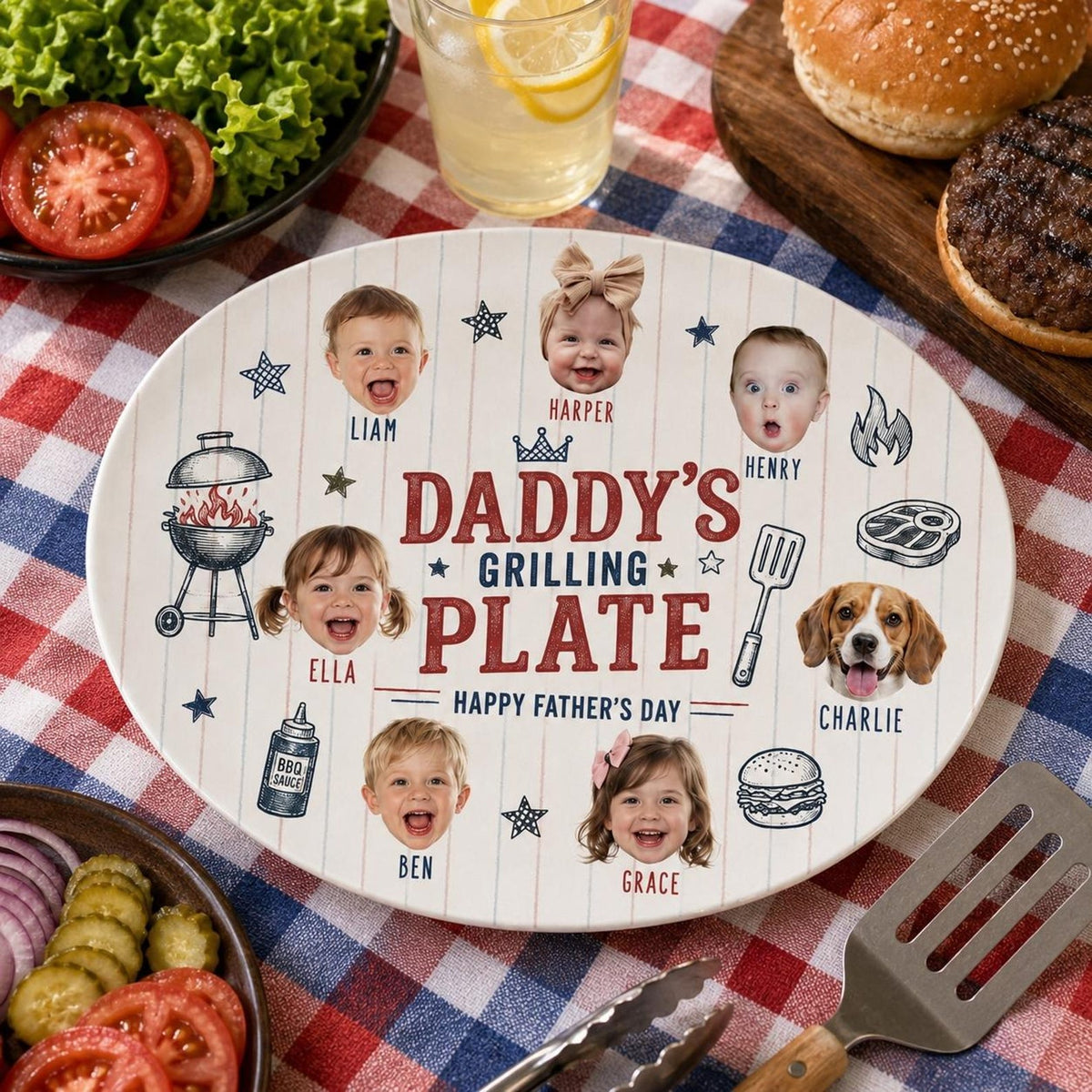 Personalized Daddys Grilling Plate with Photo, Custom BBQ Platter with Kids Faces, Father's Day Gift from Kids, Gift for Grilling Dad