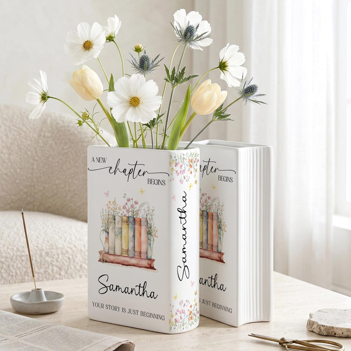 Personalized New Chapter Begin Book Vase, Custom Name Literary Decor,Floral Book Stack Vase,Book Lover,Reader Home Decor,Retirement,Birthday