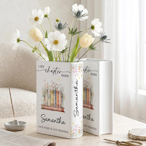 Personalized New Chapter Begin Book Vase, Custom Name Literary Decor,Floral Book Stack Vase,Book Lover,Reader Home Decor,Retirement,Birthday