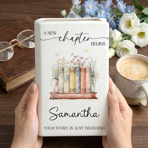 Personalized New Chapter Begin Book Vase, Custom Name Literary Decor,Floral Book Stack Vase,Book Lover,Reader Home Decor,Retirement,Birthday