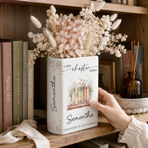 Personalized New Chapter Begin Book Vase, Custom Name Literary Decor,Floral Book Stack Vase,Book Lover,Reader Home Decor,Retirement,Birthday