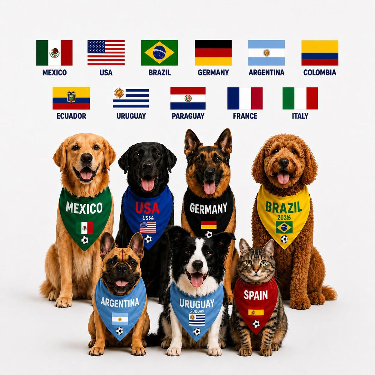 Dog & Cat Soccer Bandana with Country flag, Personalized Pet Scarf, International football fan accessory, Team spirit pet gift Worldcup Fan