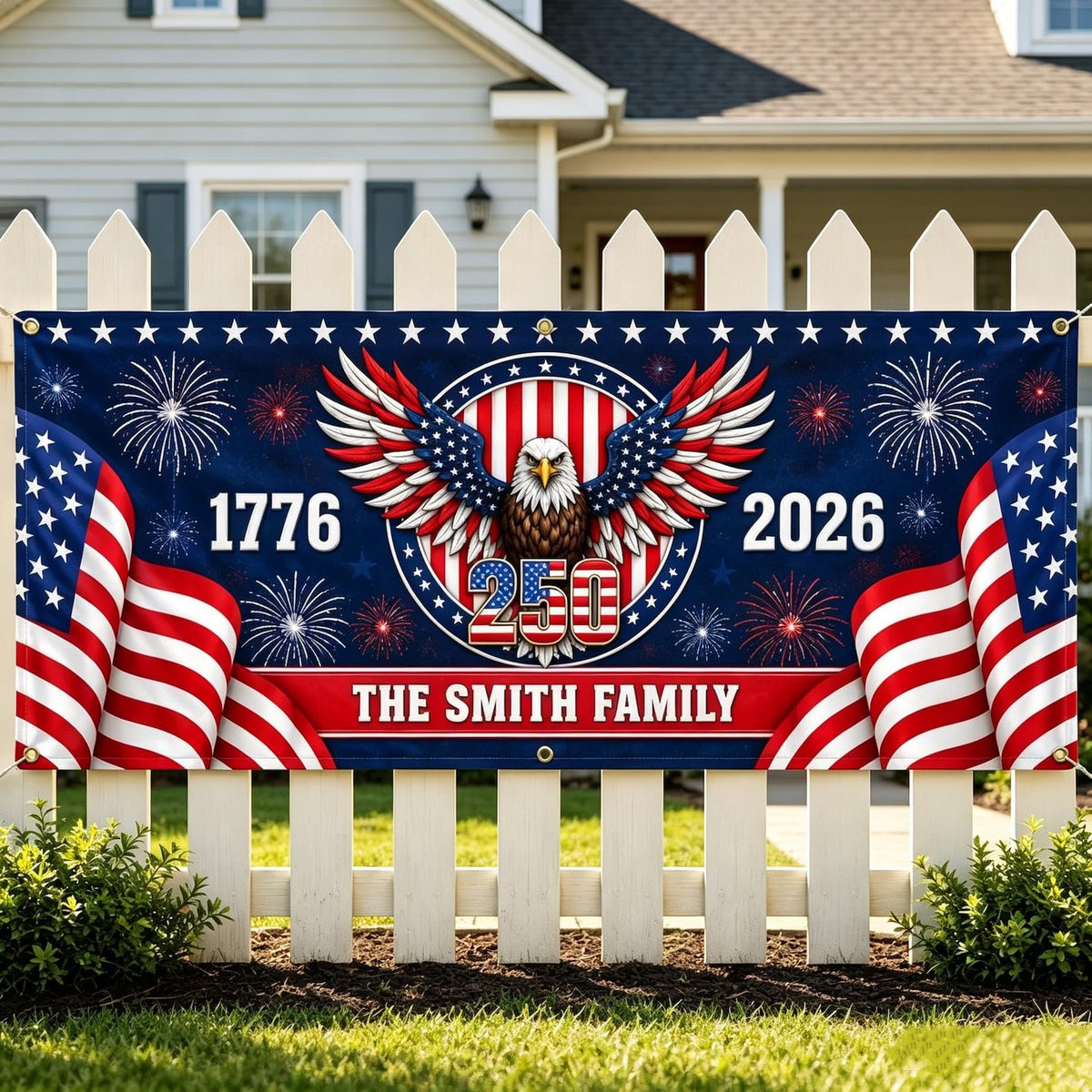 Custom USA 250th Anniversary Banner, Personalized Family Name Eagle Patriotic Decor, 1776-2026 Banner
