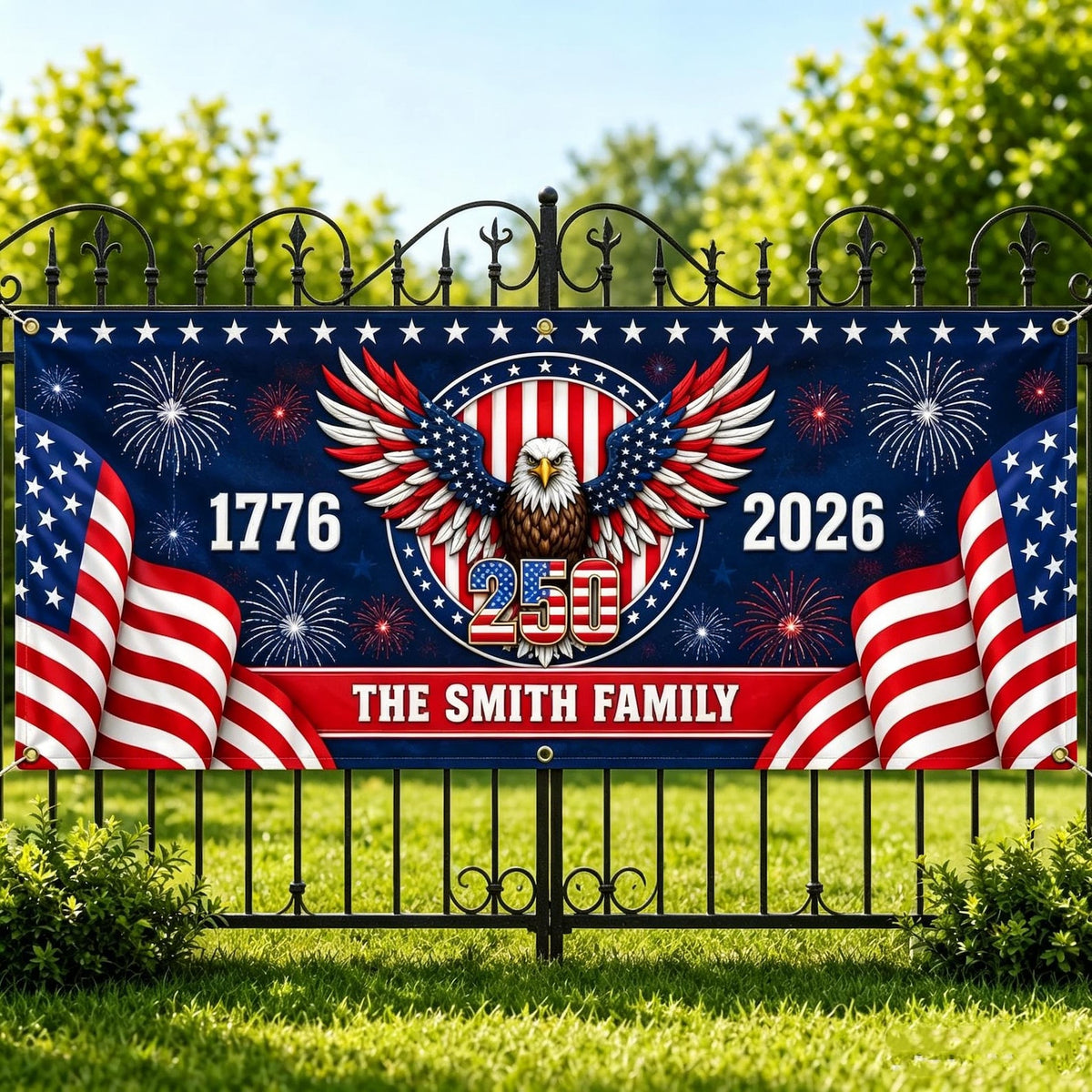 Custom USA 250th Anniversary Banner, Personalized Family Name Eagle Patriotic Decor, 1776-2026 Banner