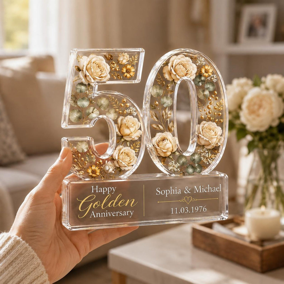 Personalized 50th Anniversary Gift for Parents, Custom Golden Wedding Acrylic Block, Grandparents Keepsake Sign, Mr & Mrs Romantic Gift