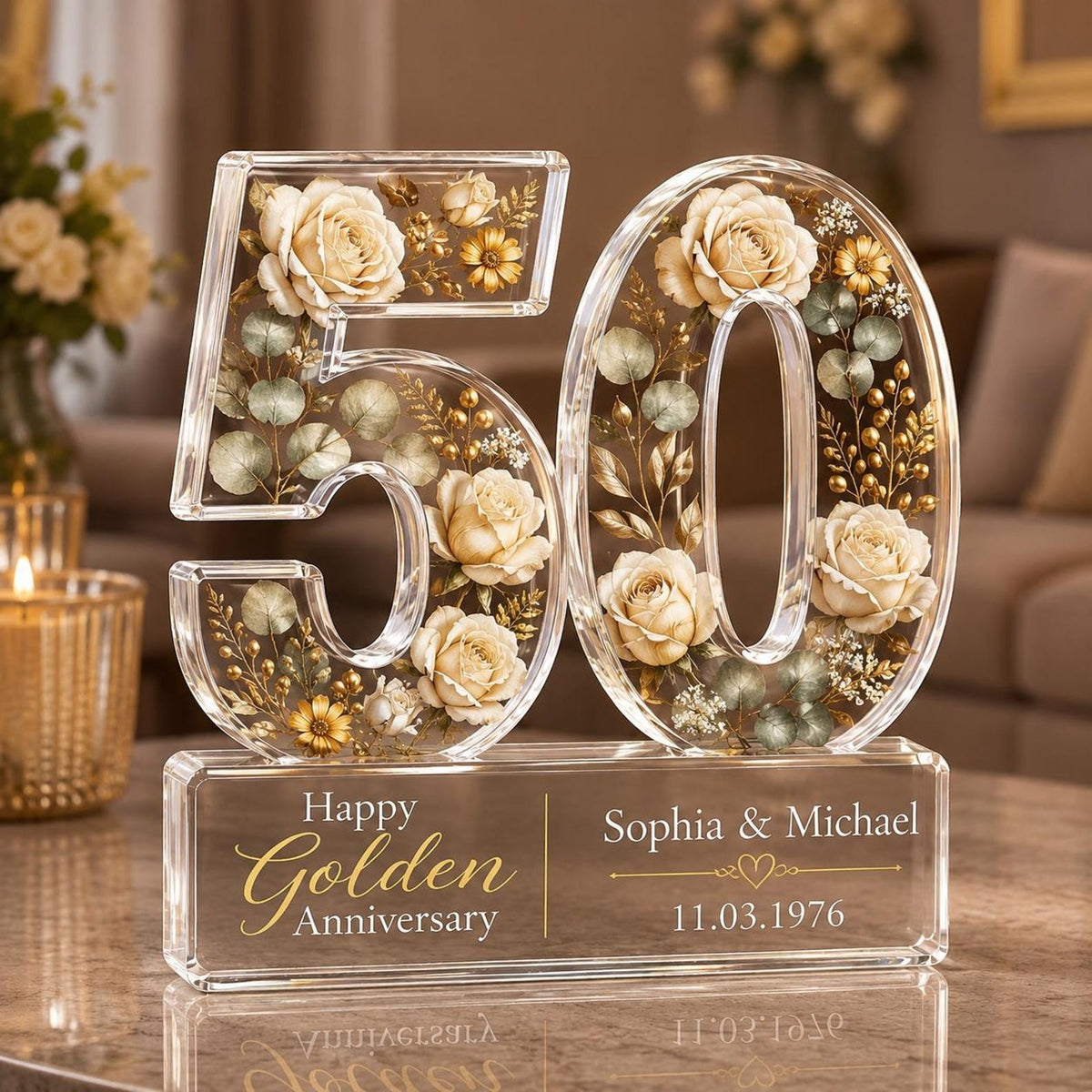 Personalized 50th Anniversary Gift for Parents, Custom Golden Wedding Acrylic Block, Grandparents Keepsake Sign, Mr & Mrs Romantic Gift