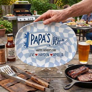 Custom Pennant Flag Dad Grilling Plate, Personalized BBQ Platter Father's Day Gift from Kids, Grandpa Gifts