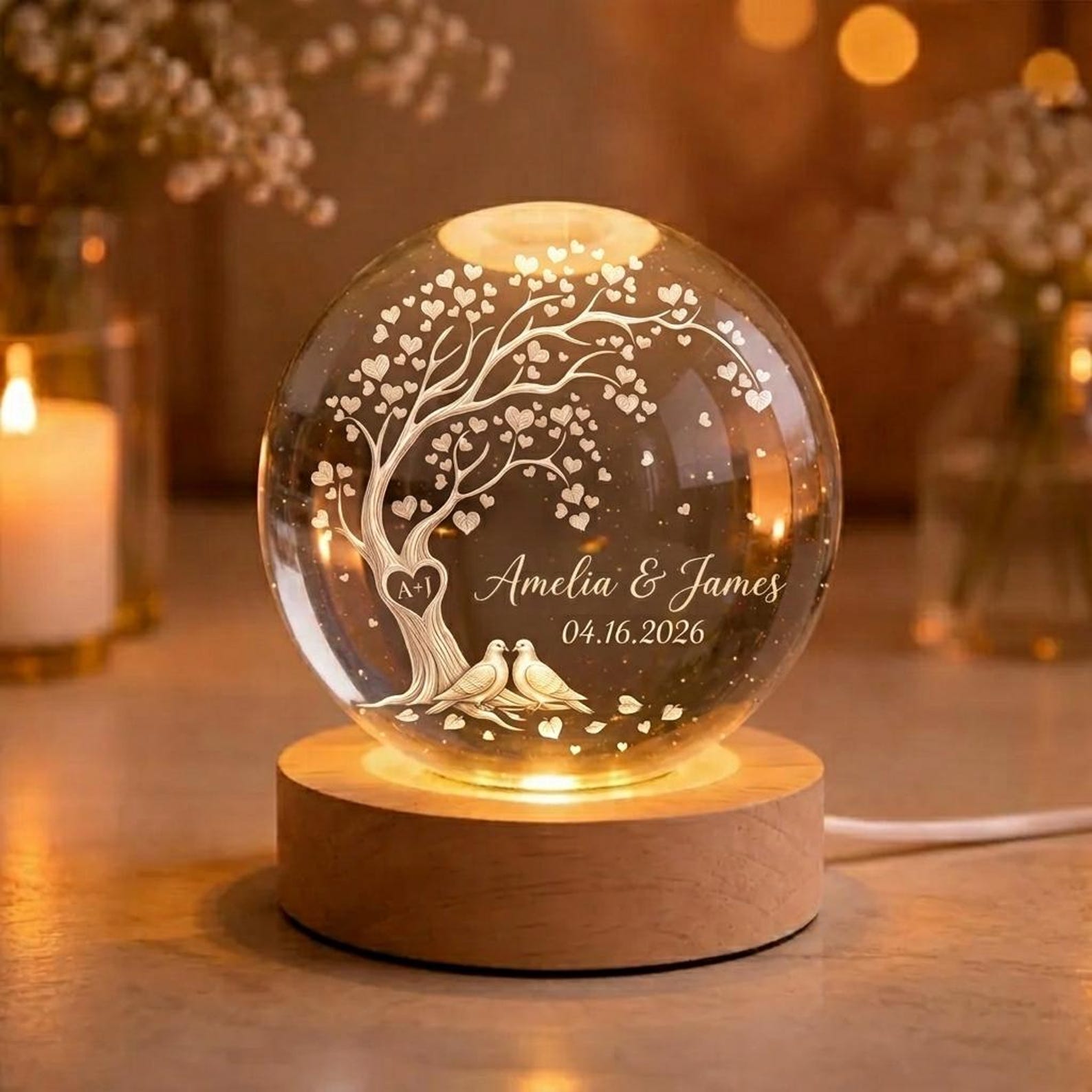 Personalized Couple Crystal Globe Lamp, Custom Engagement Gift for Bride and Groom, Wedding Anniversary Gift, Birth Love Tree Heart Lamp