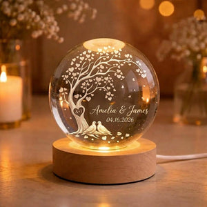 Personalized Couple Crystal Globe Lamp, Custom Engagement Gift for Bride and Groom, Wedding Anniversary Gift, Birth Love Tree Heart Lamp