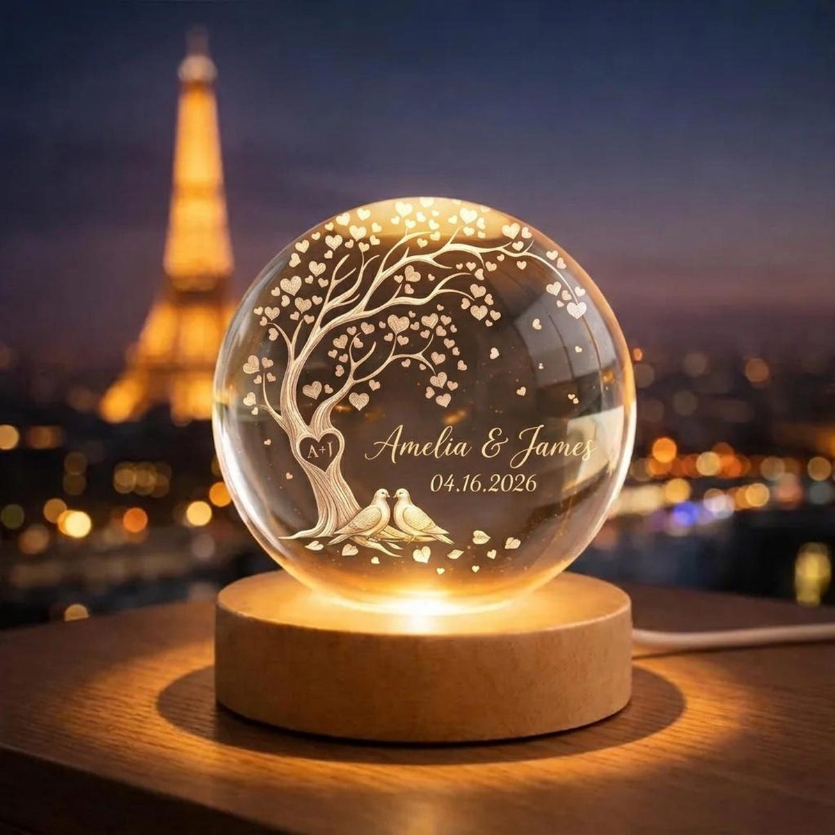 Personalized Couple Crystal Globe Lamp, Custom Engagement Gift for Bride and Groom, Wedding Anniversary Gift, Birth Love Tree Heart Lamp
