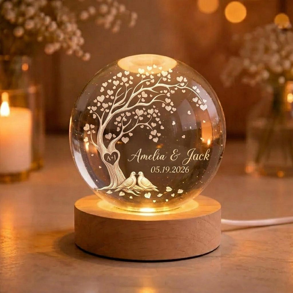Personalized Couple Crystal Globe Lamp, Custom Engagement Gift for Bride and Groom, Wedding Anniversary Gift, Birth Love Tree Heart Lamp