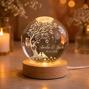 Personalized Couple Crystal Globe Lamp, Custom Engagement Gift for Bride and Groom, Wedding Anniversary Gift, Birth Love Tree Heart Lamp