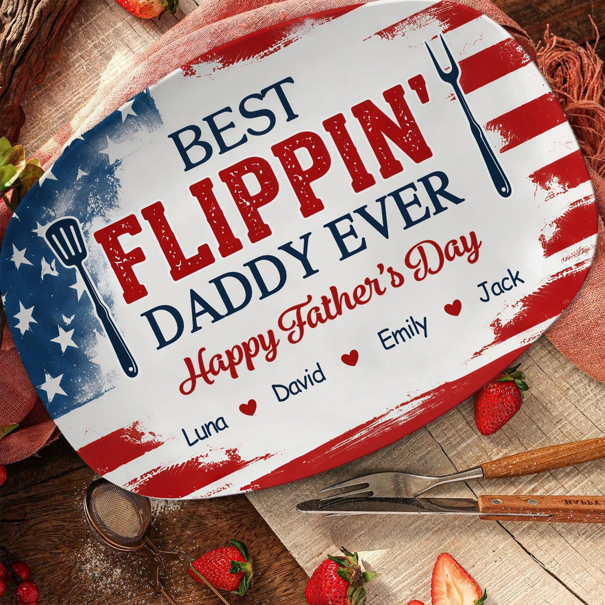 Best Flippin' Dad Ever-Personalized Best Flippin Dad Ever Grilling Plate,Custom American Flag BBQ Platter Kids Names,Patriotic Father's Day