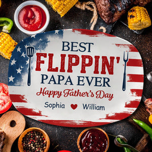 Best Flippin' Dad Ever-Personalized Best Flippin Dad Ever Grilling Plate,Custom American Flag BBQ Platter Kids Names,Patriotic Father's Day