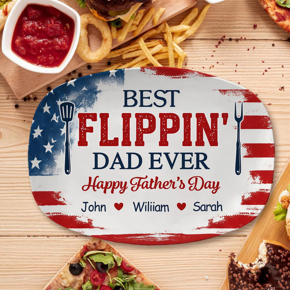 Best Flippin' Dad Ever-Personalized Best Flippin Dad Ever Grilling Plate,Custom American Flag BBQ Platter Kids Names,Patriotic Father's Day