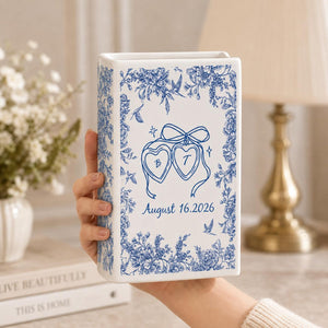 Personalized Engagement Ceramic Book Vase,Custom Toile De Jouy Couple Name Book Vase, Floral Engaged Gift,Gift For Bride,Wedding Couple Gift