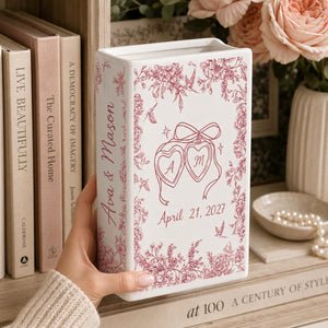 Personalized Engagement Ceramic Book Vase,Custom Toile De Jouy Couple Name Book Vase, Floral Engaged Gift,Gift For Bride,Wedding Couple Gift