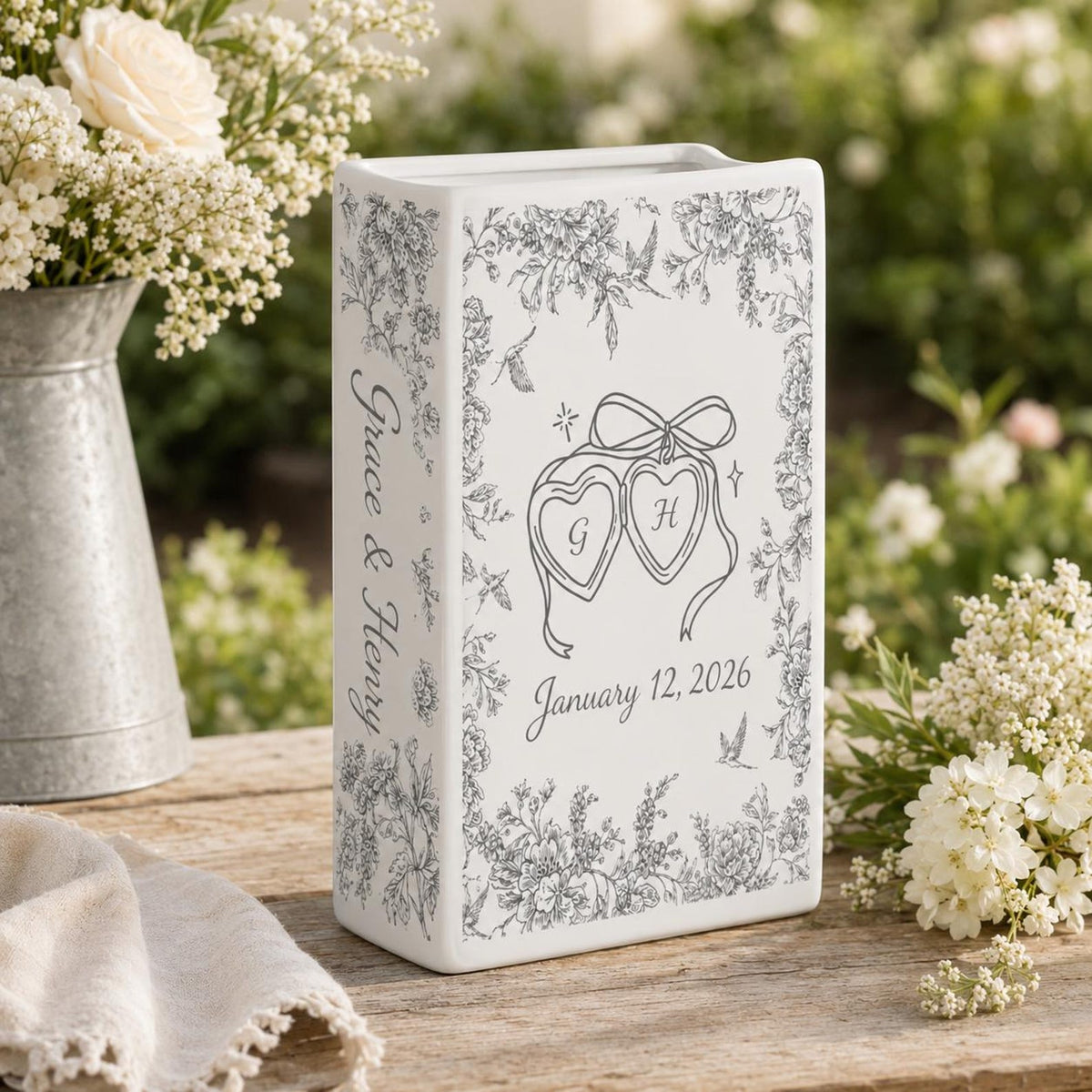 Personalized Engagement Ceramic Book Vase,Custom Toile De Jouy Couple Name Book Vase, Floral Engaged Gift,Gift For Bride,Wedding Couple Gift