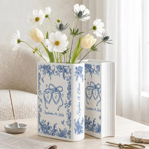 Personalized Engagement Ceramic Book Vase,Custom Toile De Jouy Couple Name Book Vase, Floral Engaged Gift,Gift For Bride,Wedding Couple Gift
