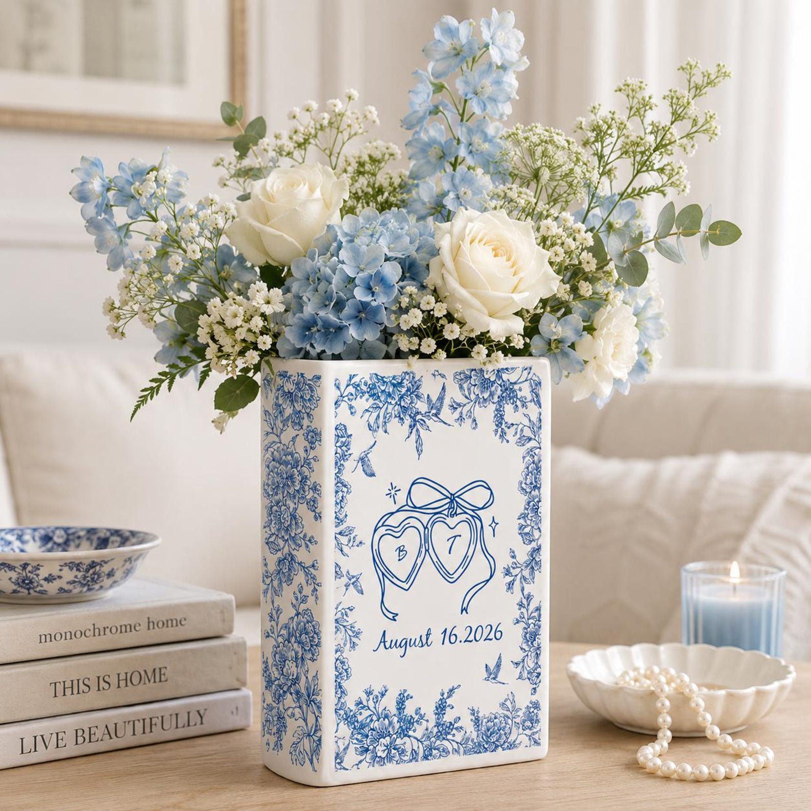 Personalized Engagement Ceramic Book Vase,Custom Toile De Jouy Couple Name Book Vase, Floral Engaged Gift,Gift For Bride,Wedding Couple Gift