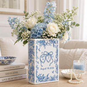 Personalized Engagement Ceramic Book Vase,Custom Toile De Jouy Couple Name Book Vase, Floral Engaged Gift,Gift For Bride,Wedding Couple Gift