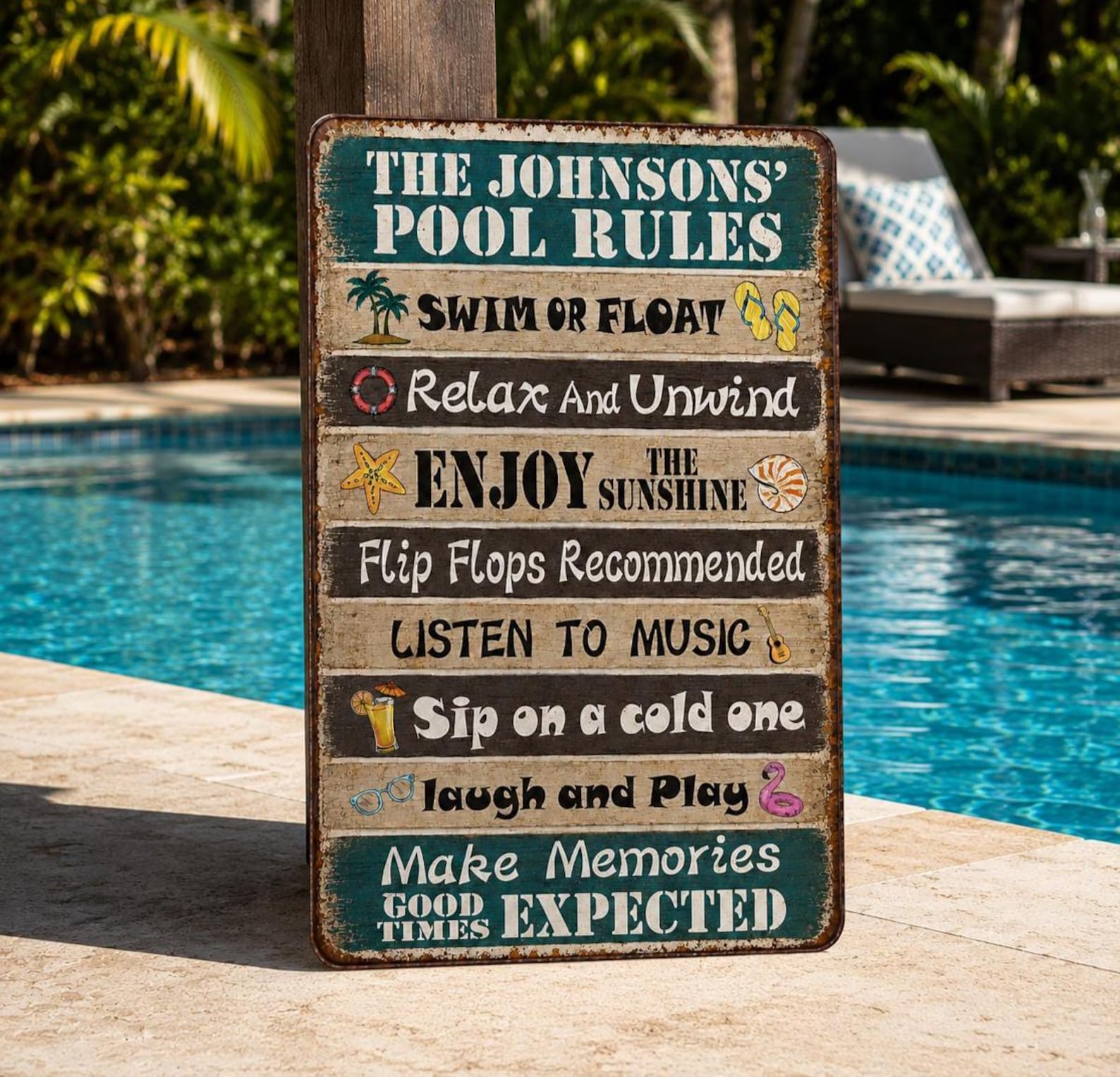 Personalized Funny Pool Rules Metal Sign, Custom Family Name Decor