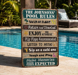 Personalized Funny Pool Rules Metal Sign, Custom Family Name Decor