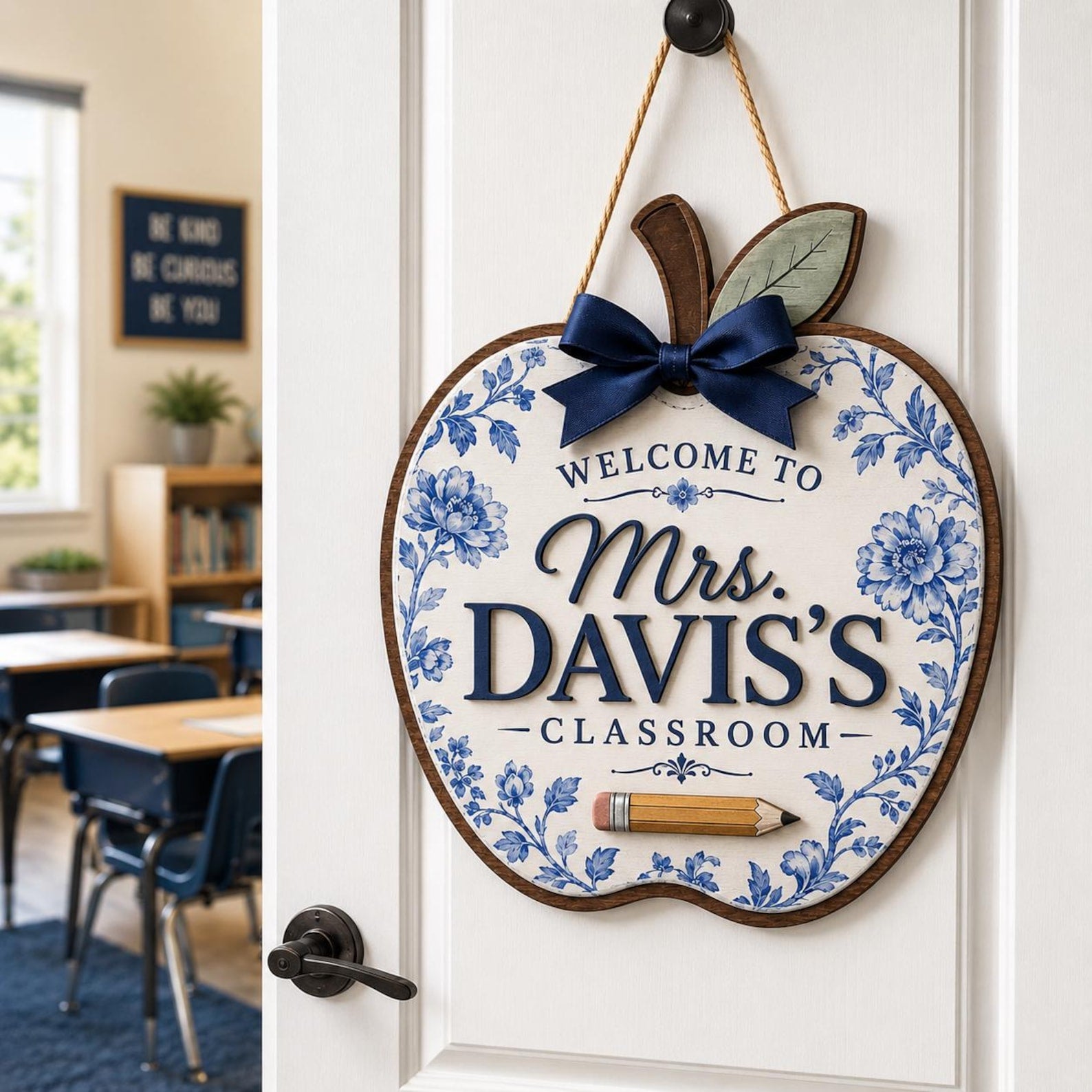 Personalized Teacher Door Sign, 3 Layers Apple Name Sign, Blue Floral Classroom Decor, Back to School Welcome Hanger, Custom Teacher Gift