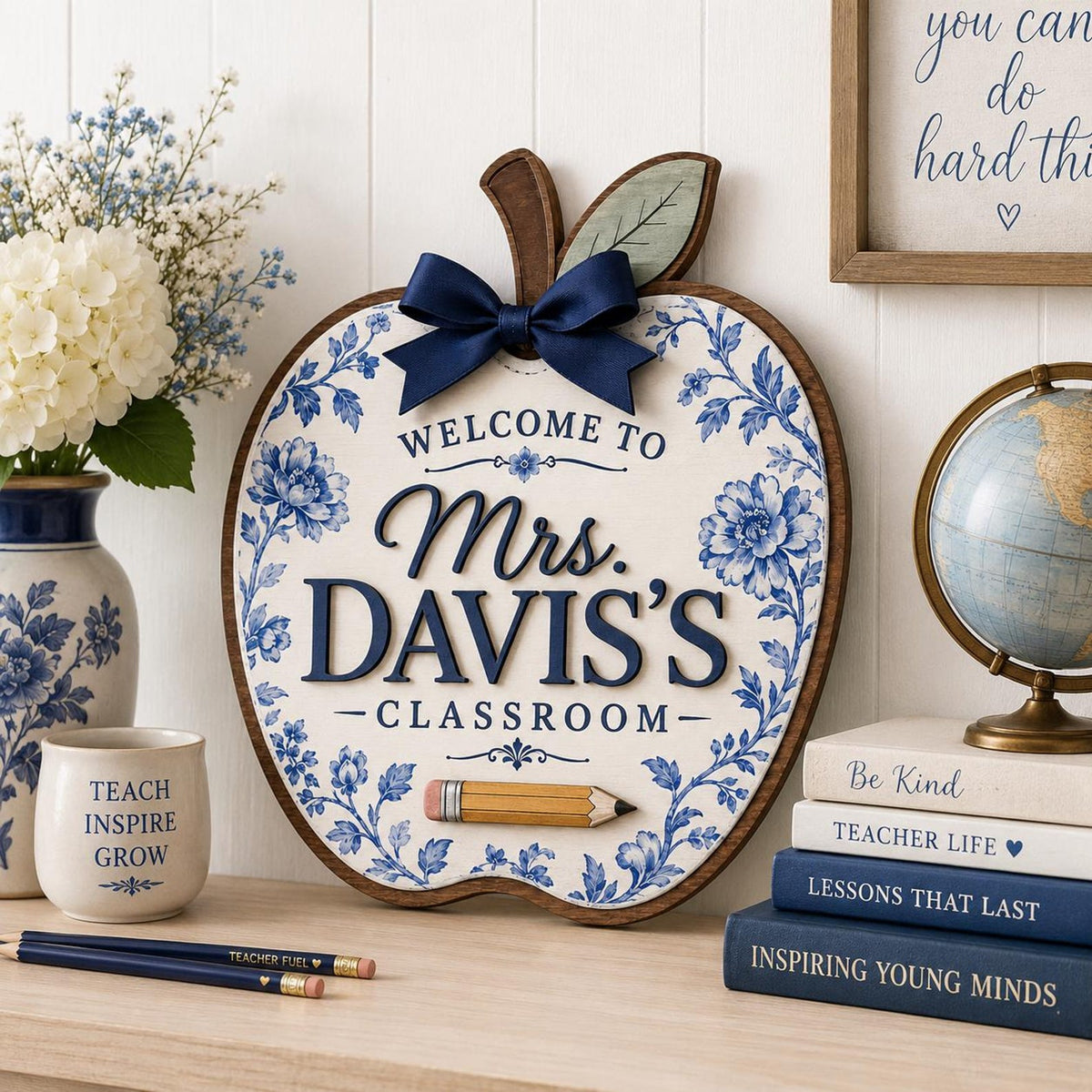 Personalized Teacher Door Sign, 3 Layers Apple Name Sign, Blue Floral Classroom Decor, Back to School Welcome Hanger, Custom Teacher Gift