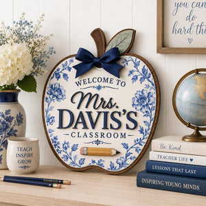 Personalized Teacher Door Sign, 3 Layers Apple Name Sign, Blue Floral Classroom Decor, Back to School Welcome Hanger, Custom Teacher Gift