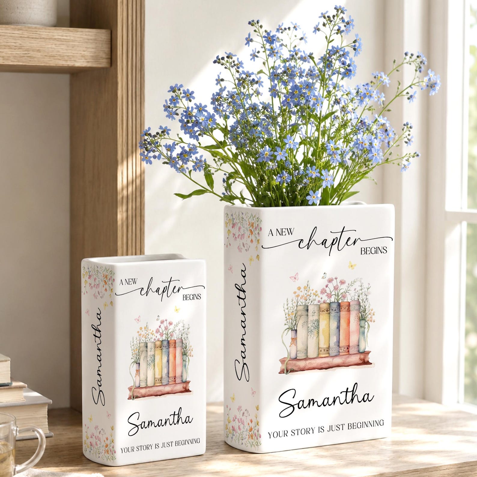 Personalized New Chapter Begin Book Vase, Custom Name Literary Decor,Floral Book Stack Vase,Book Lover,Reader Home Decor,Retirement,Birthday