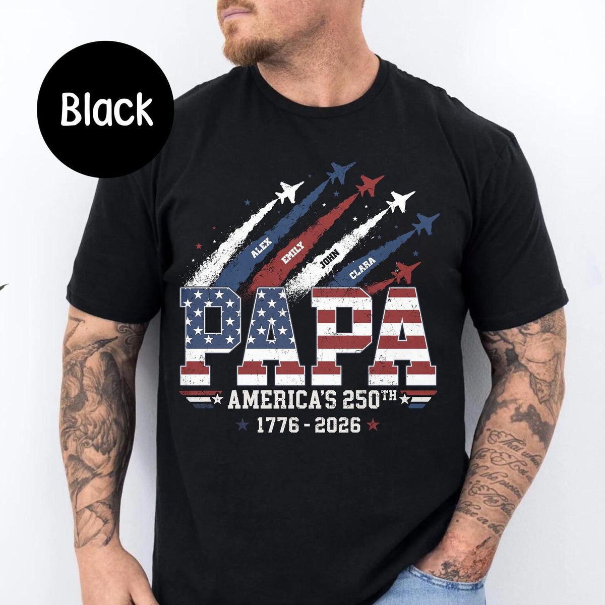 Custom Papa America 250th Shirt, Personalized 1776 2026 Us Flag Tee, Vintage Fighter Jet Fathers Day Presents, Patriotic Grandpa Clothing