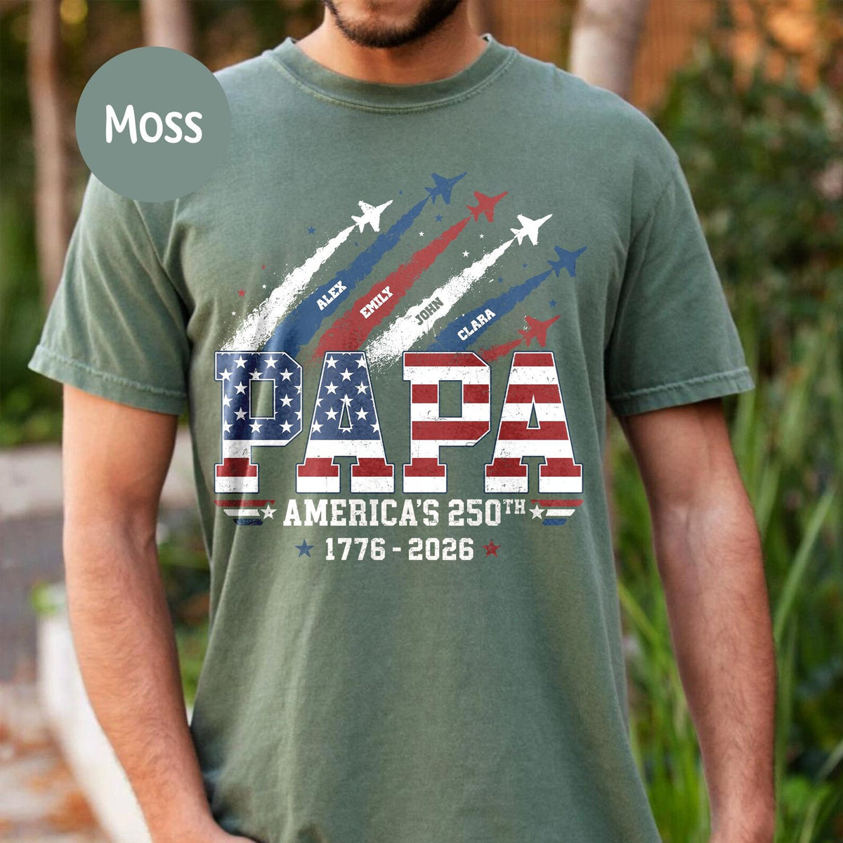 Custom Papa America 250th Shirt, Personalized 1776 2026 Us Flag Tee, Vintage Fighter Jet Fathers Day Presents, Patriotic Grandpa Clothing